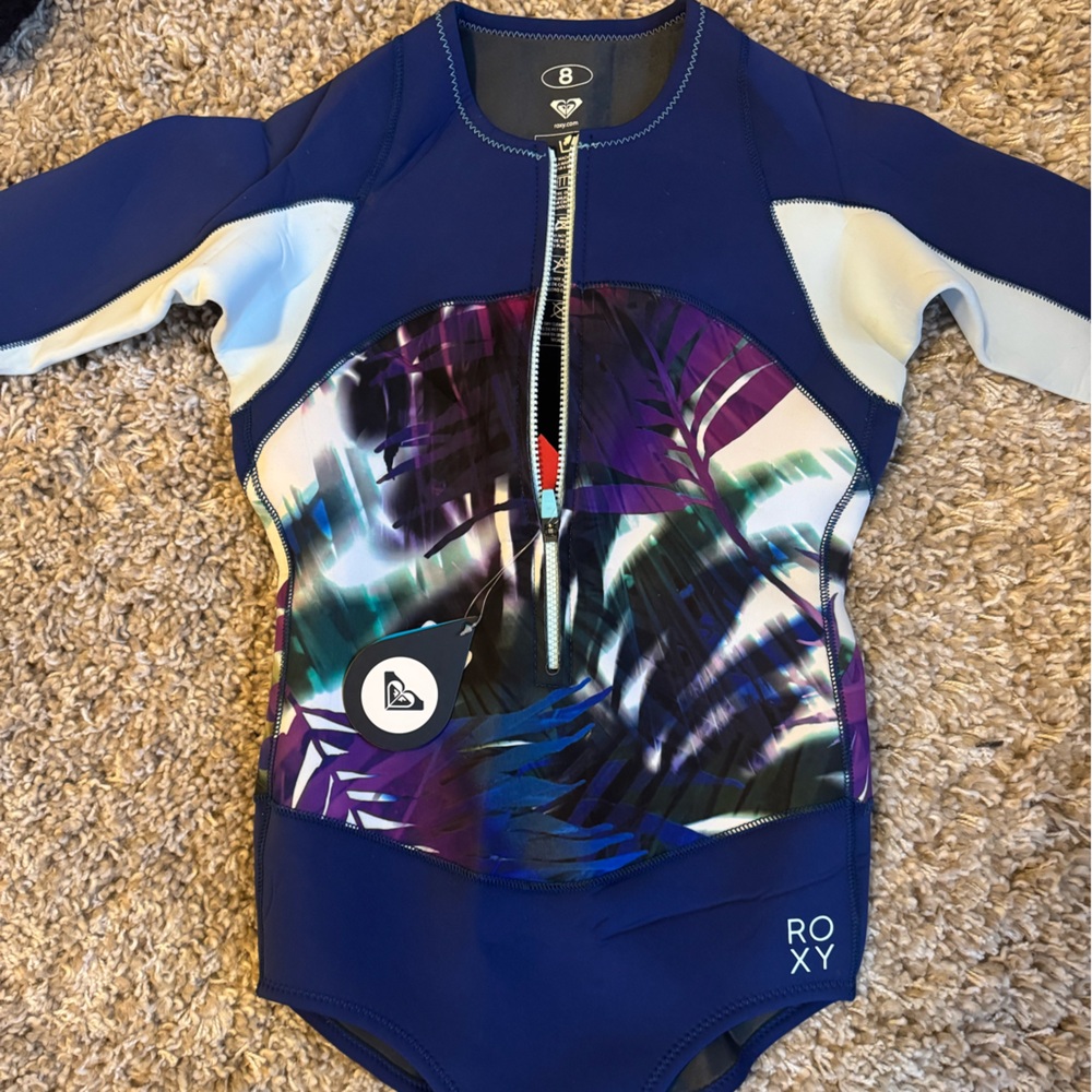 Roxy Women's Rash Guard Navy Blue One-Piece Wetsuit with Tropical Print